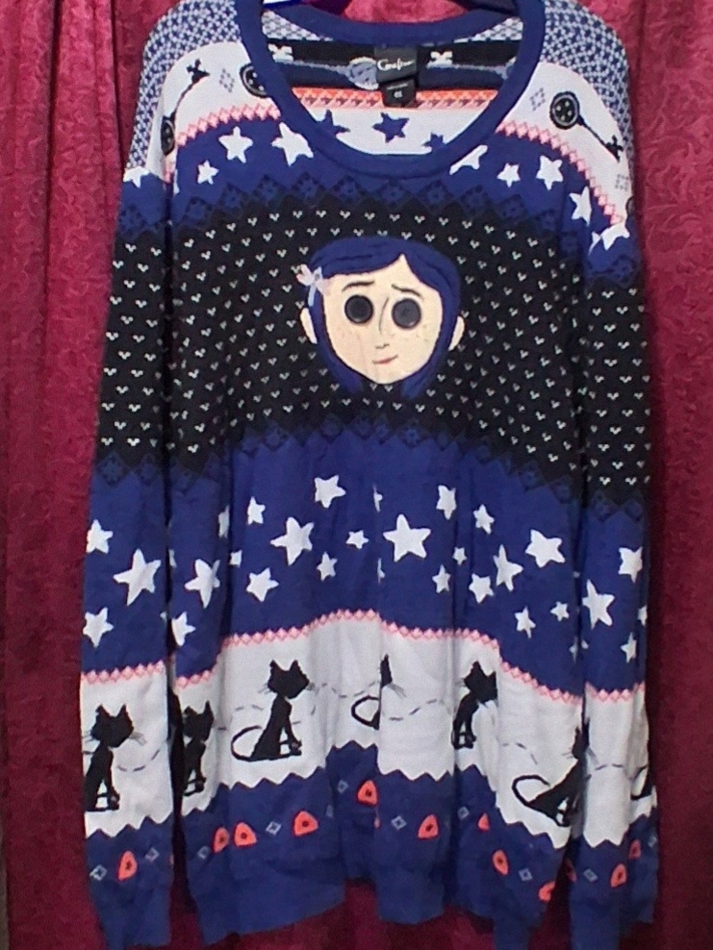 Coraline Button Eyes Blue, Black & White. Stars & Cat Design Sweater Size 4XL